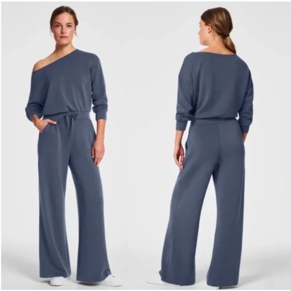 Spanx AirEssentials Wide Leg Jumpsuit Navy Blue Long Sleeve 20670R Medium